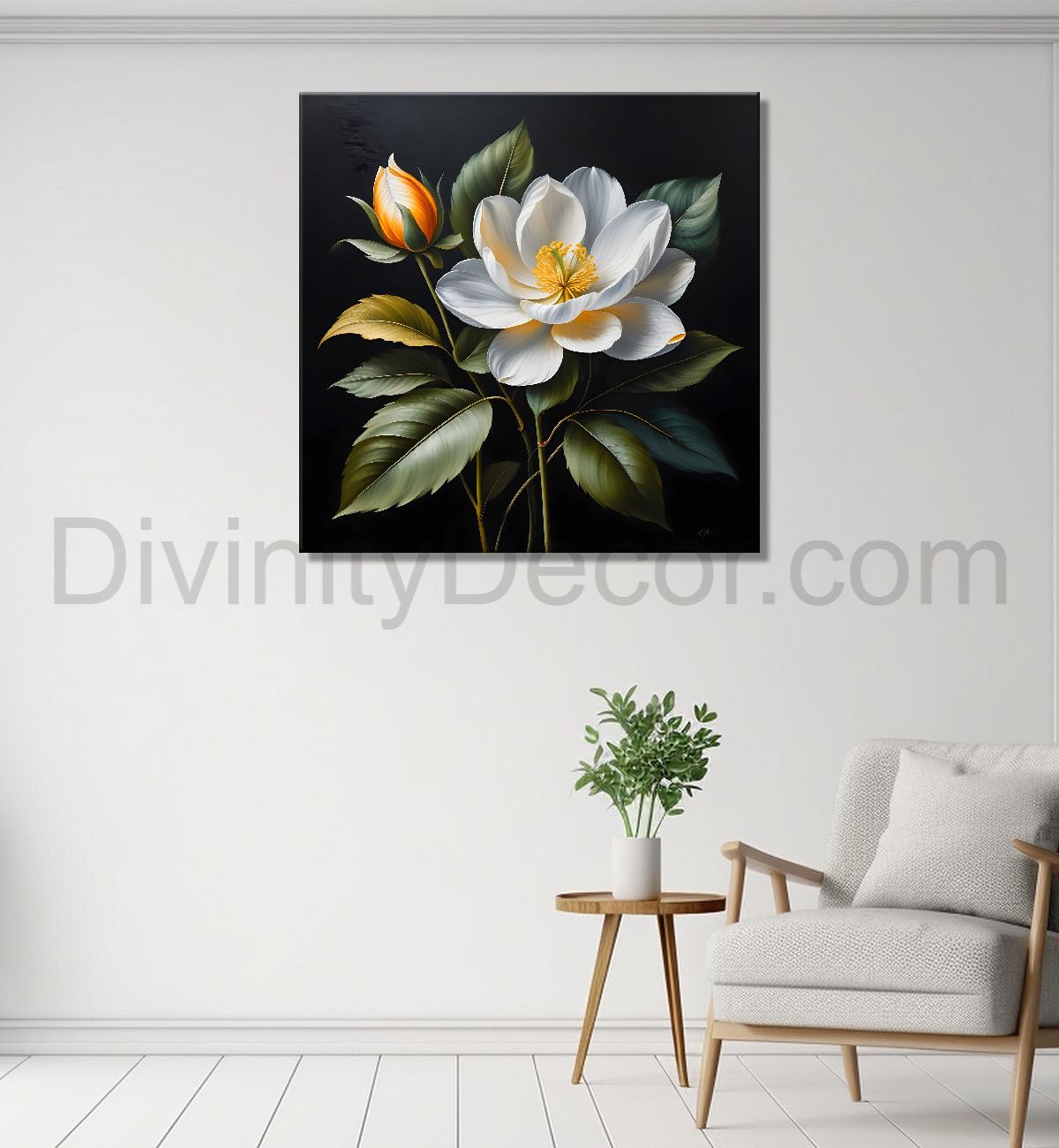 White flower in black textured oil painting  - Flower-S-494