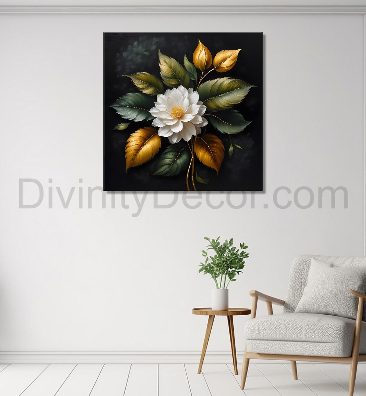 White flower in black textured oil painting - Flower-S-495