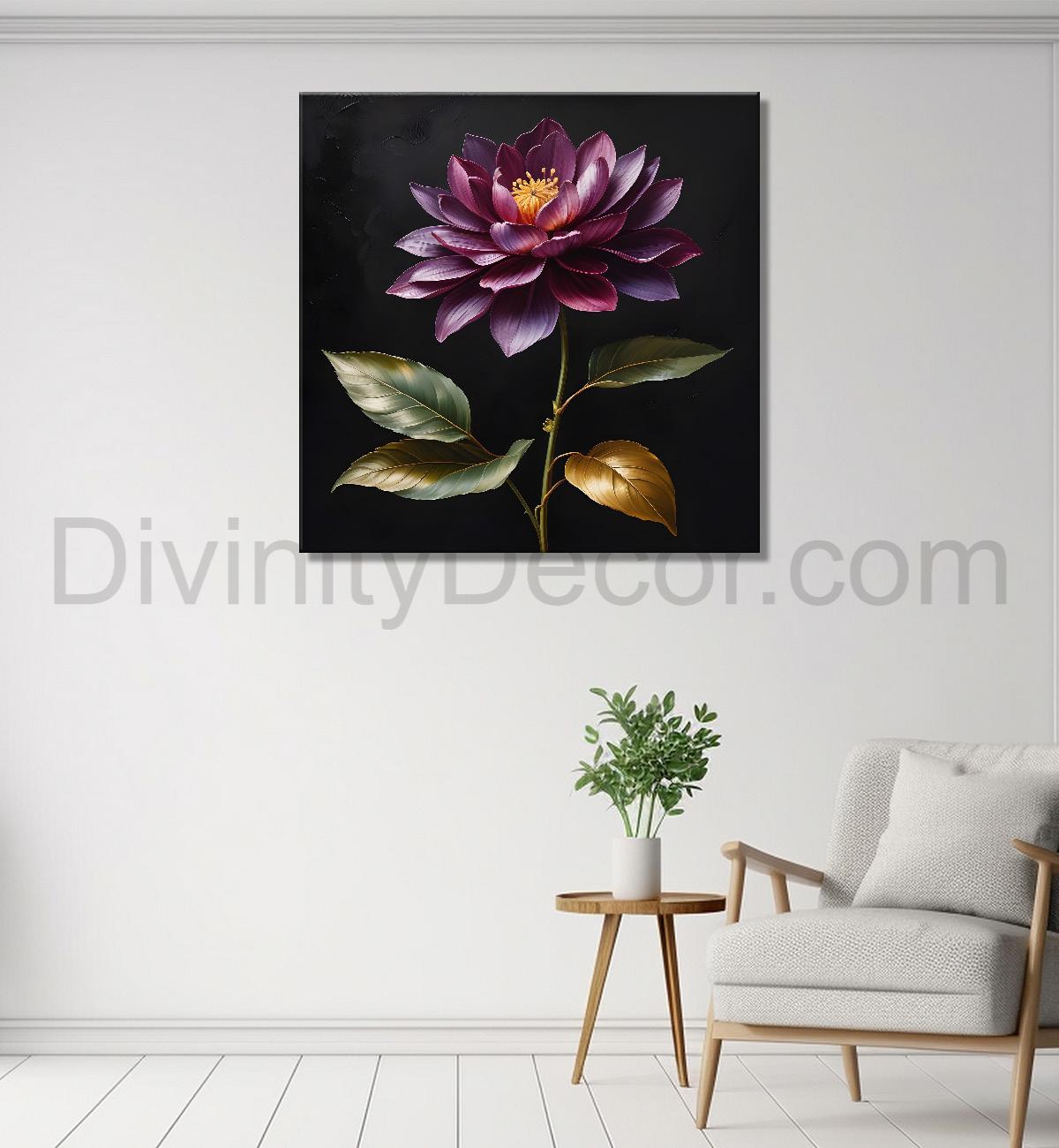 Purple flower in black textured oil painting - Flower-S-496