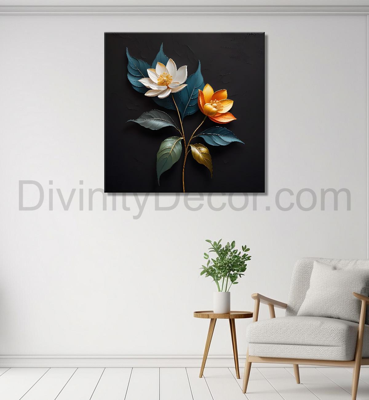 White and orange flowers in black textured oil painting - Flower-S-497