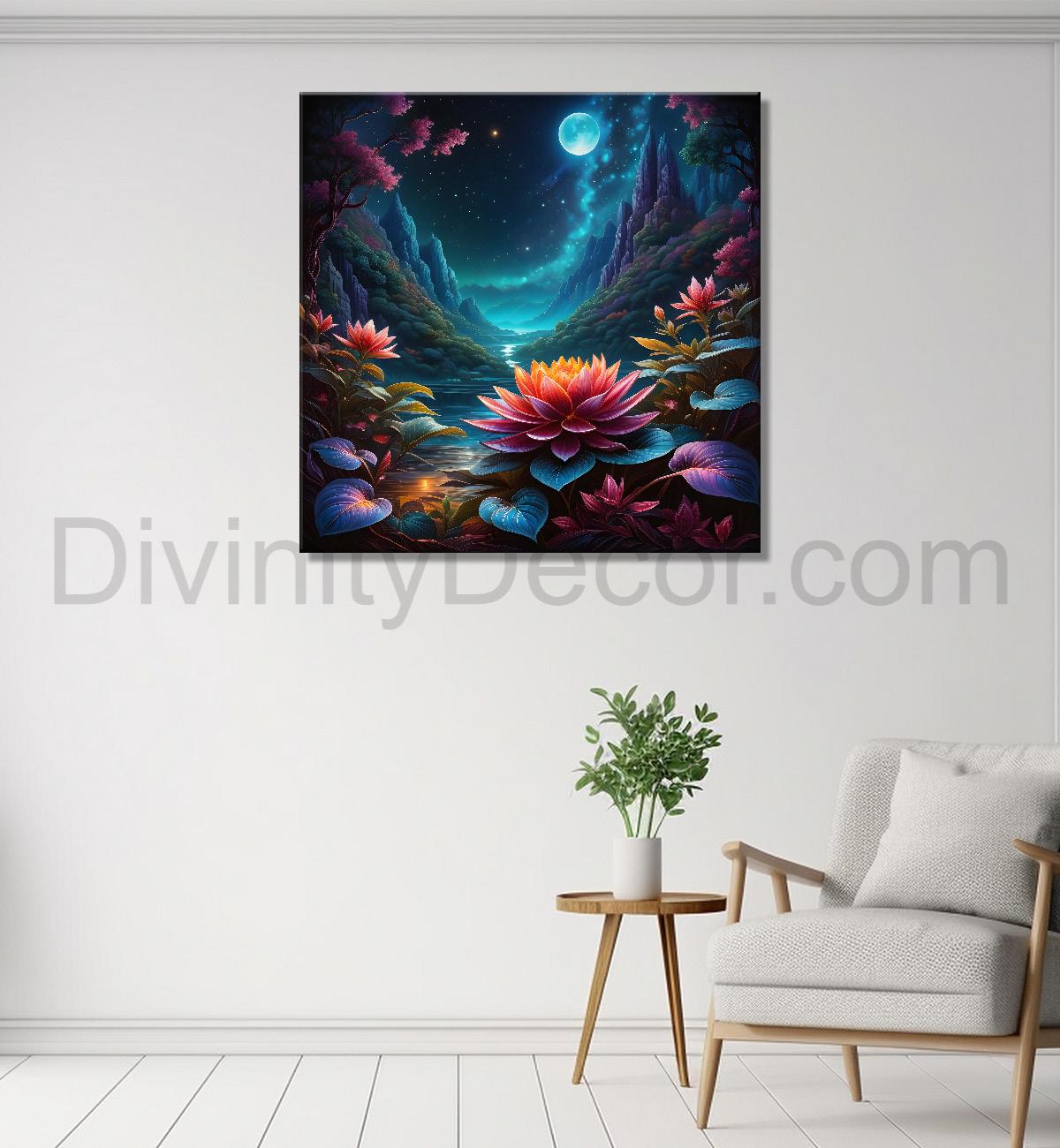 Flowers in the mountains with moon in beautiful textured painting - Flower-S-499