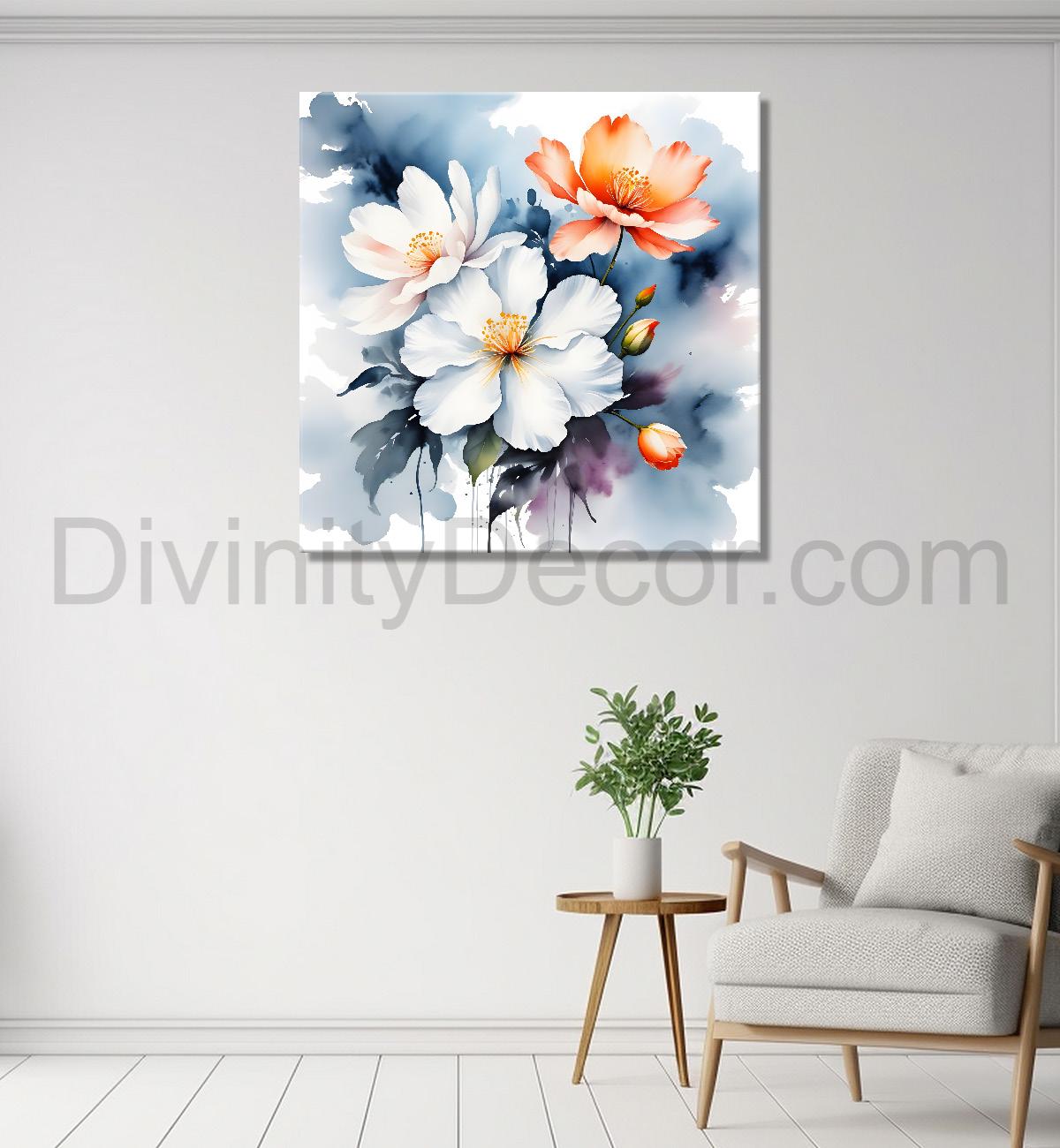 White and orange flowers in water colourful  textured painting Flower-S-505