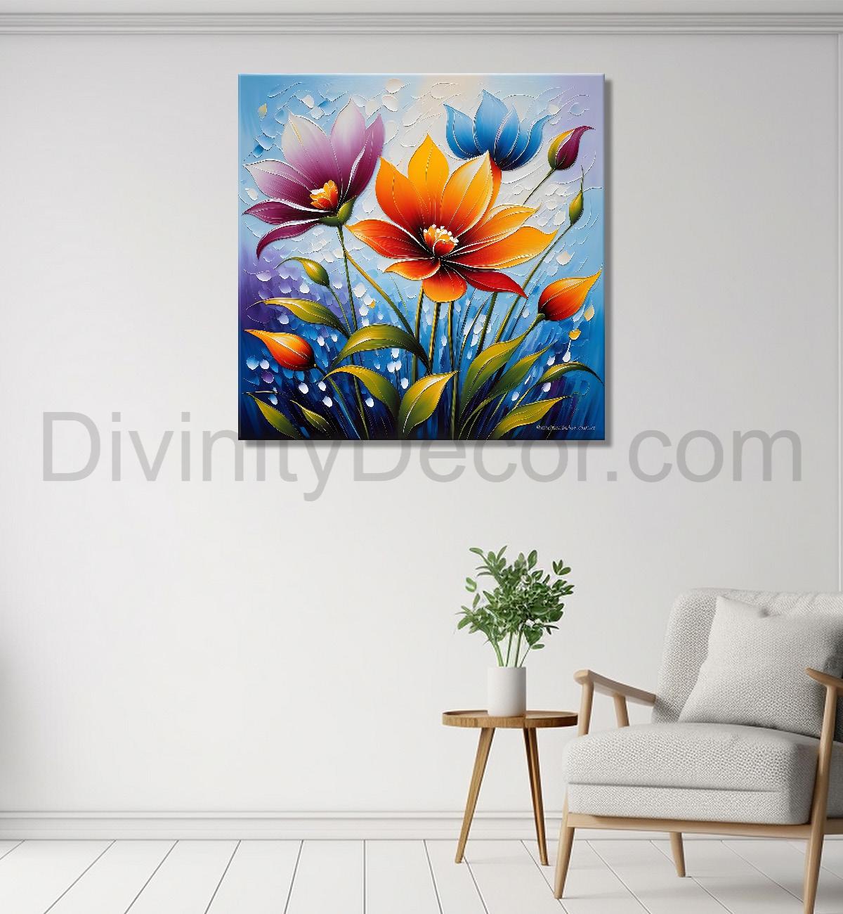 Colourful flower in blue textured painting Flower-S-506