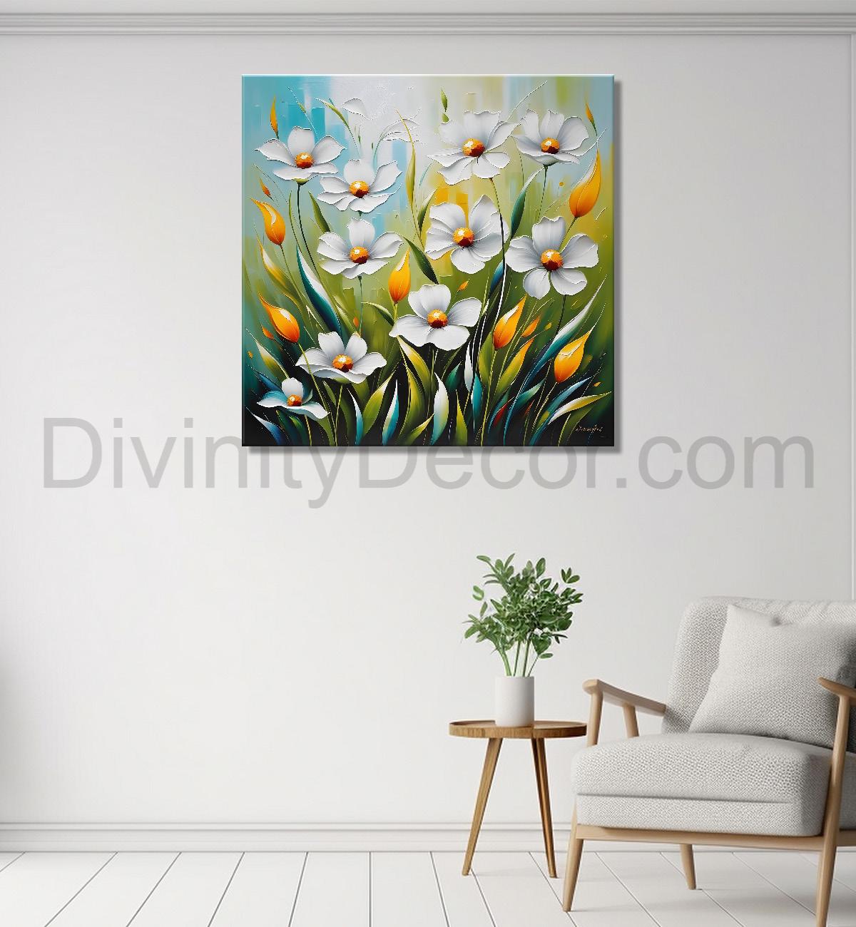 White flower in green textured painting Flower-S-507