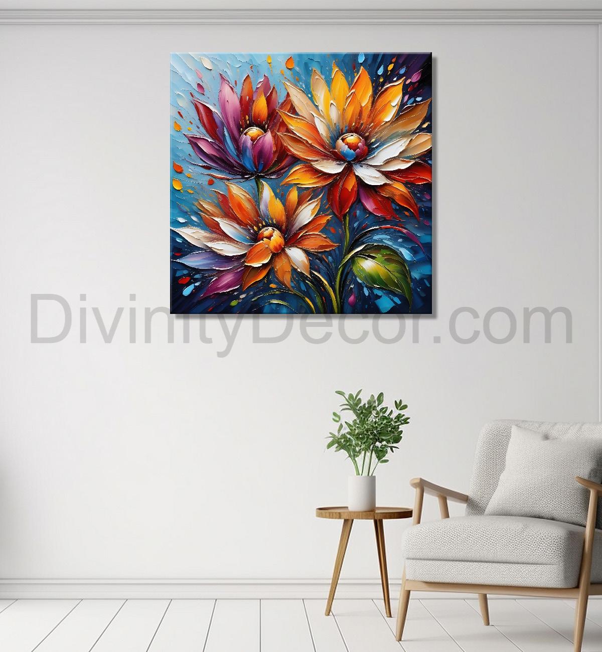 Colourful flower in blue textured painting Flower-S-508