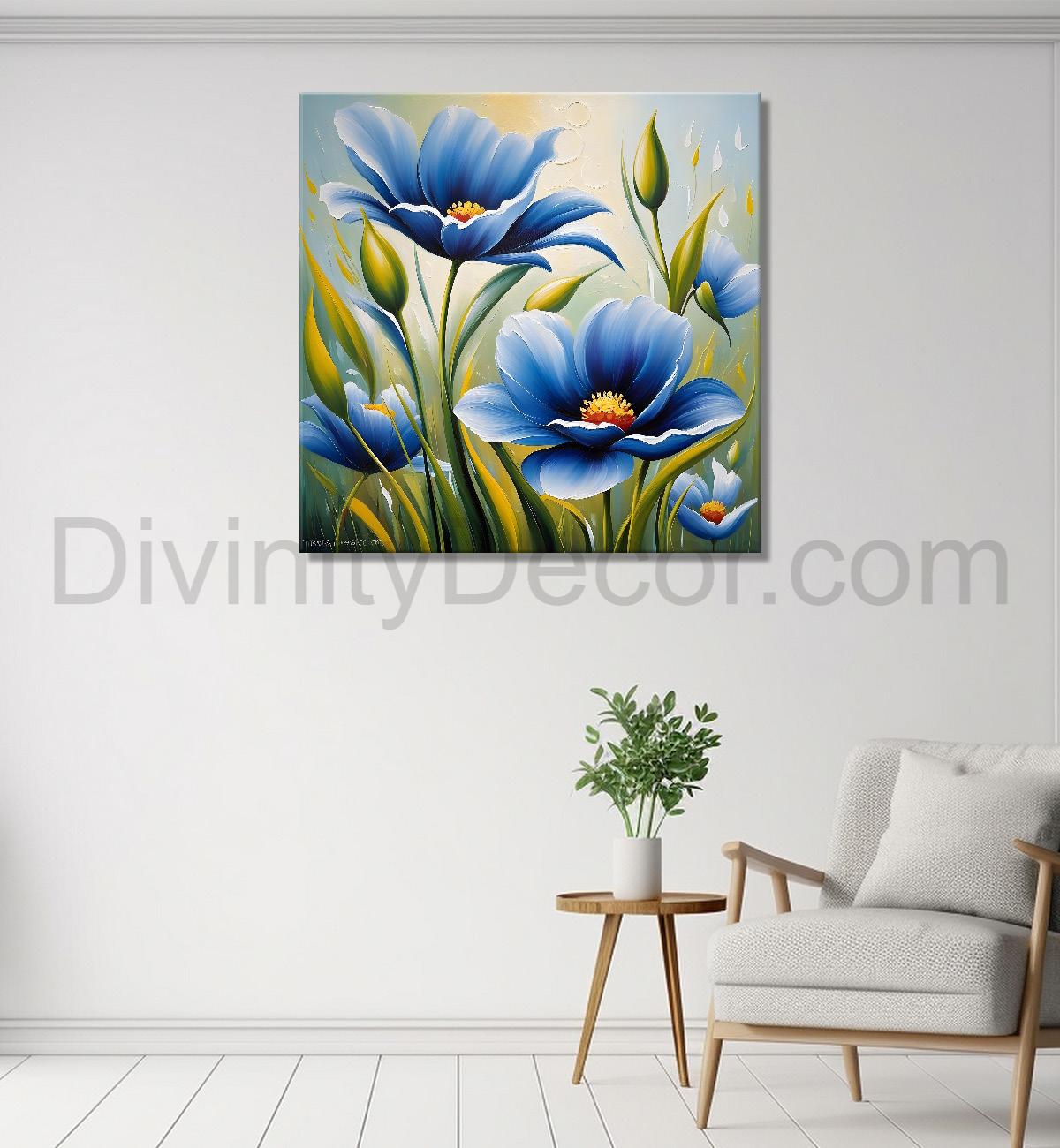 Blue flower in green textured painting Flower-S-509