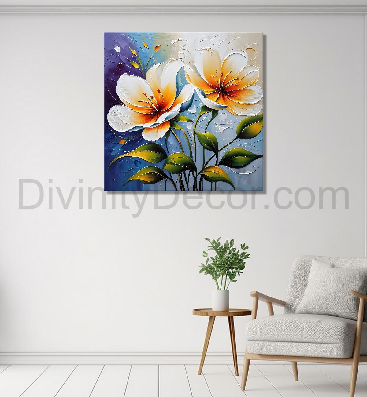 White flower in purple textured painting Flower-S-510