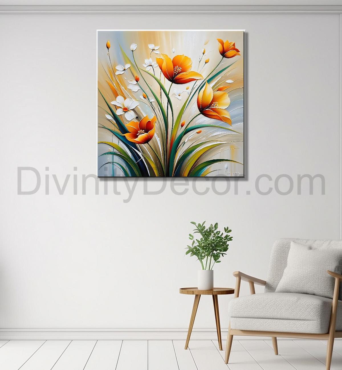 Orange flower in grey textured painting Flower-S-511