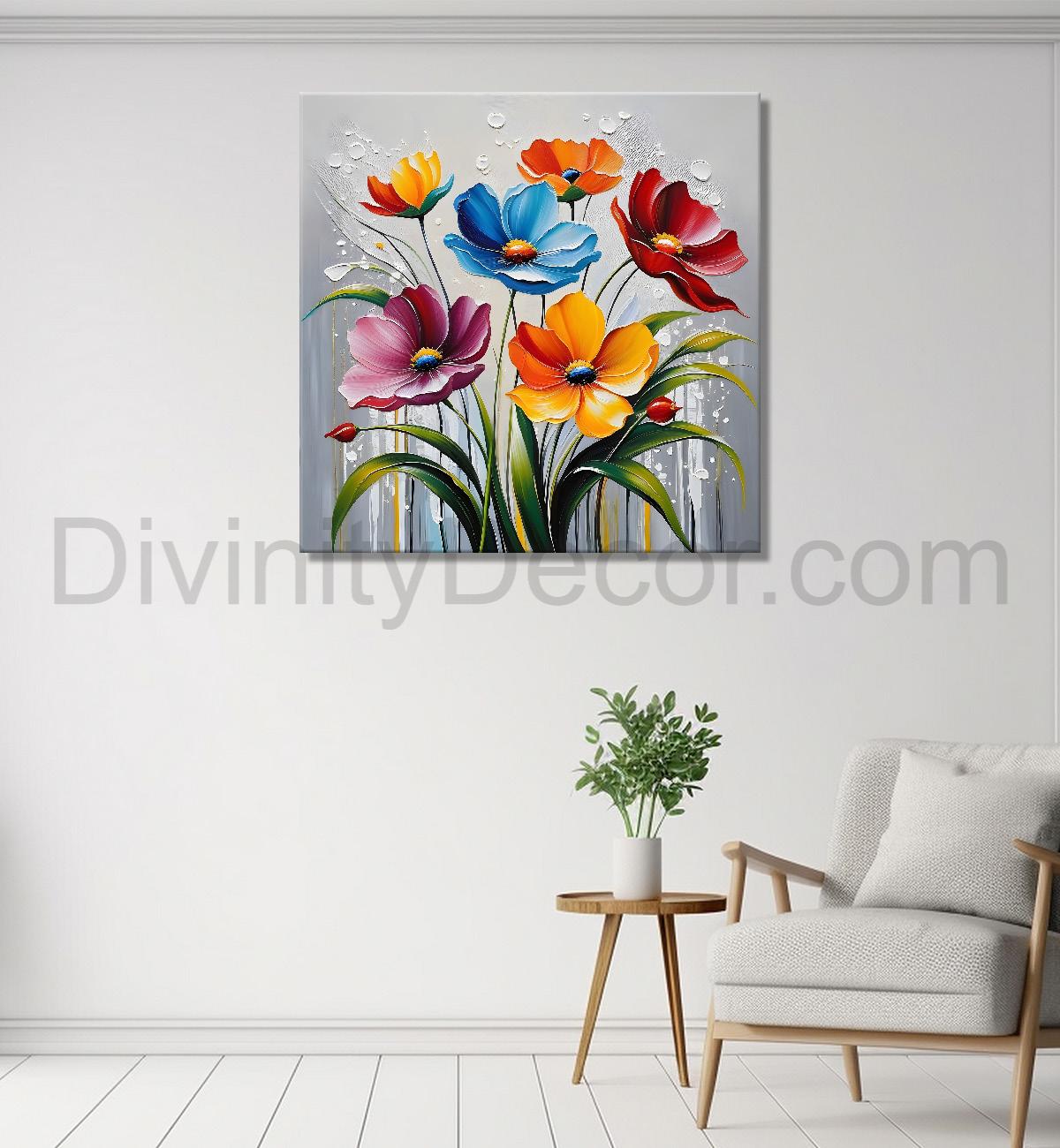 Colourful flower in blue textured painting Flower-S-512