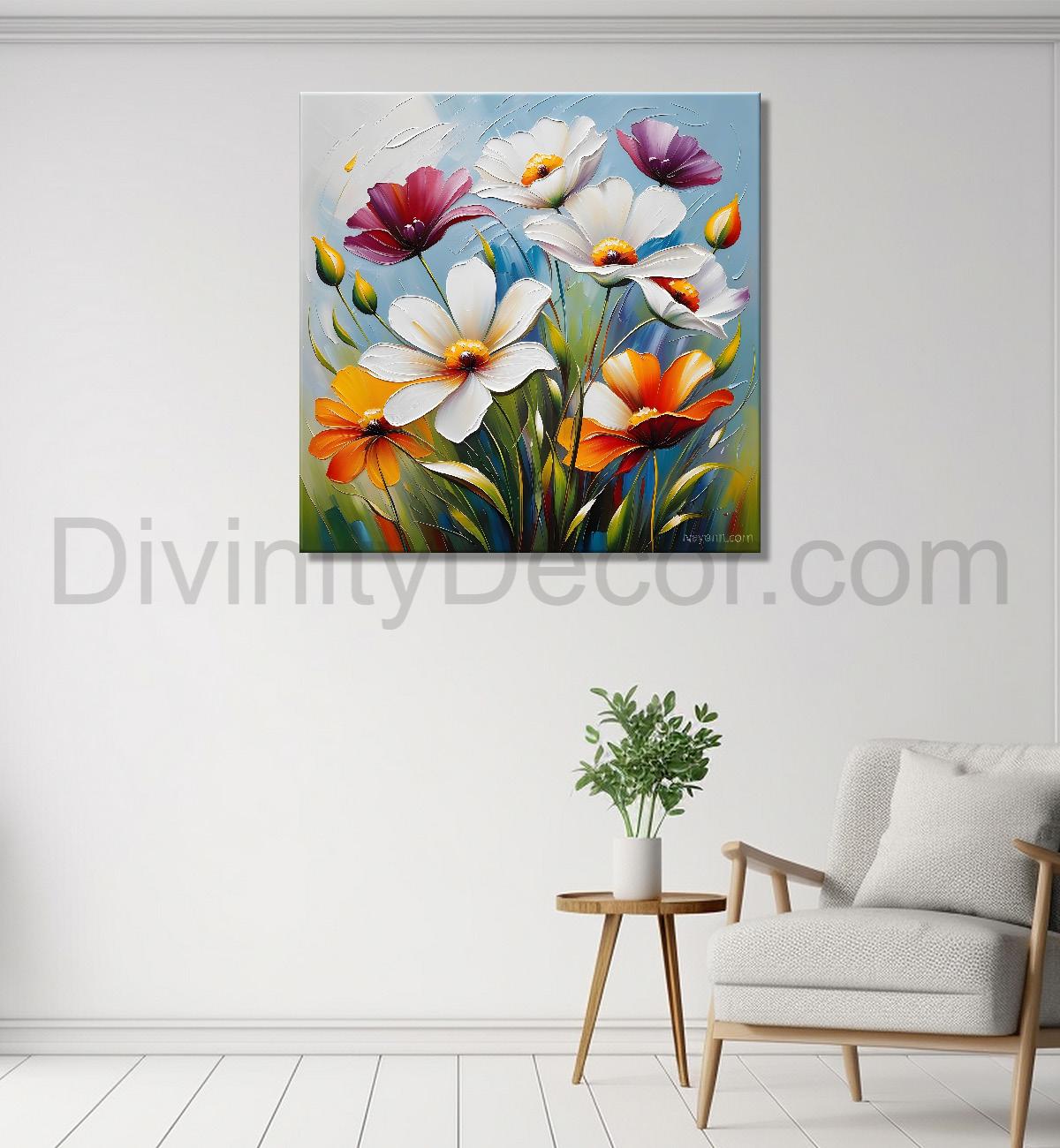 Colourful flower in blue textured painting Flower-S-513