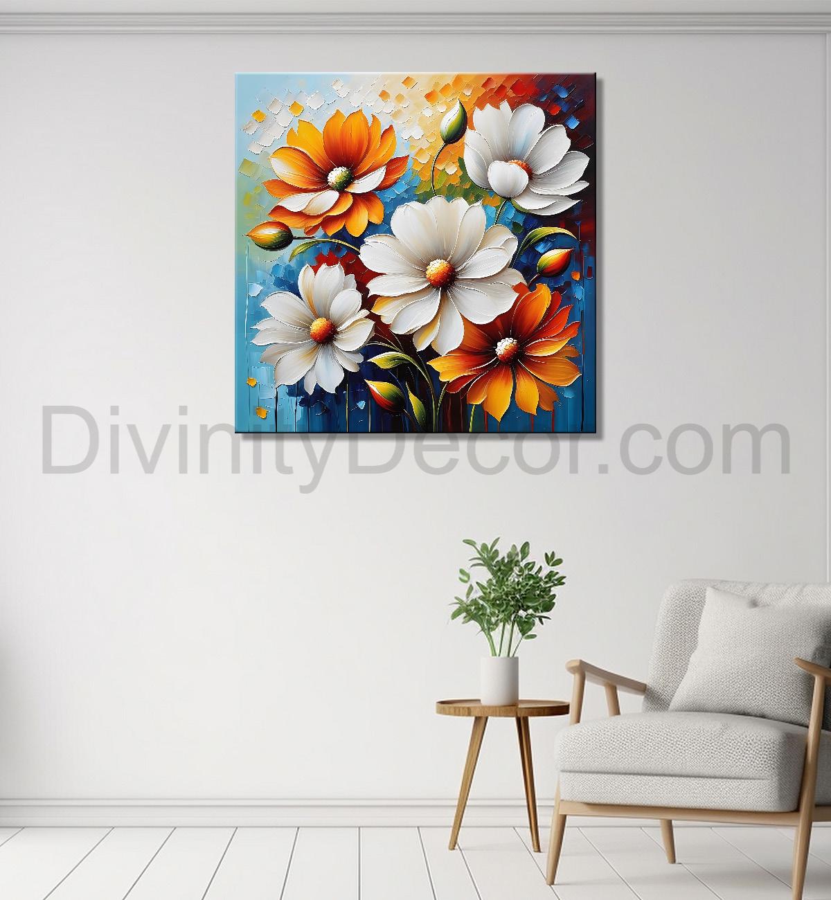 Colourful flower in blue textured painting Flower-S-514