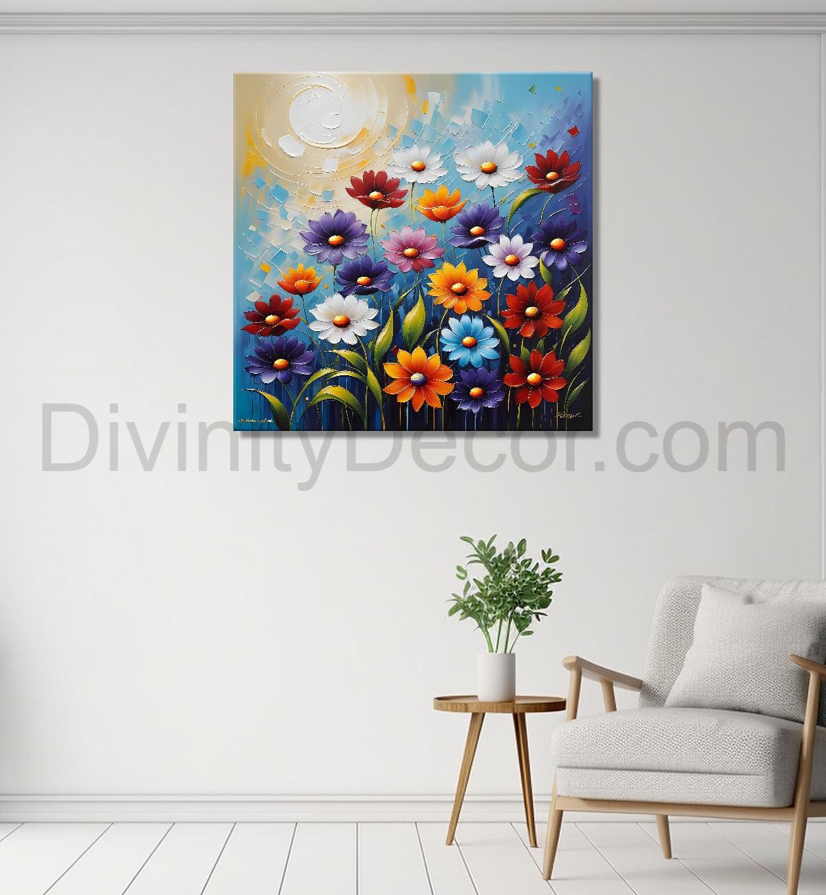 Colourful flower in blue textured painting Flower-S-515