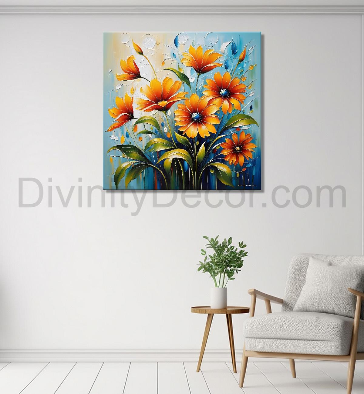 Orange flower in blue textured painting Flower-S-517