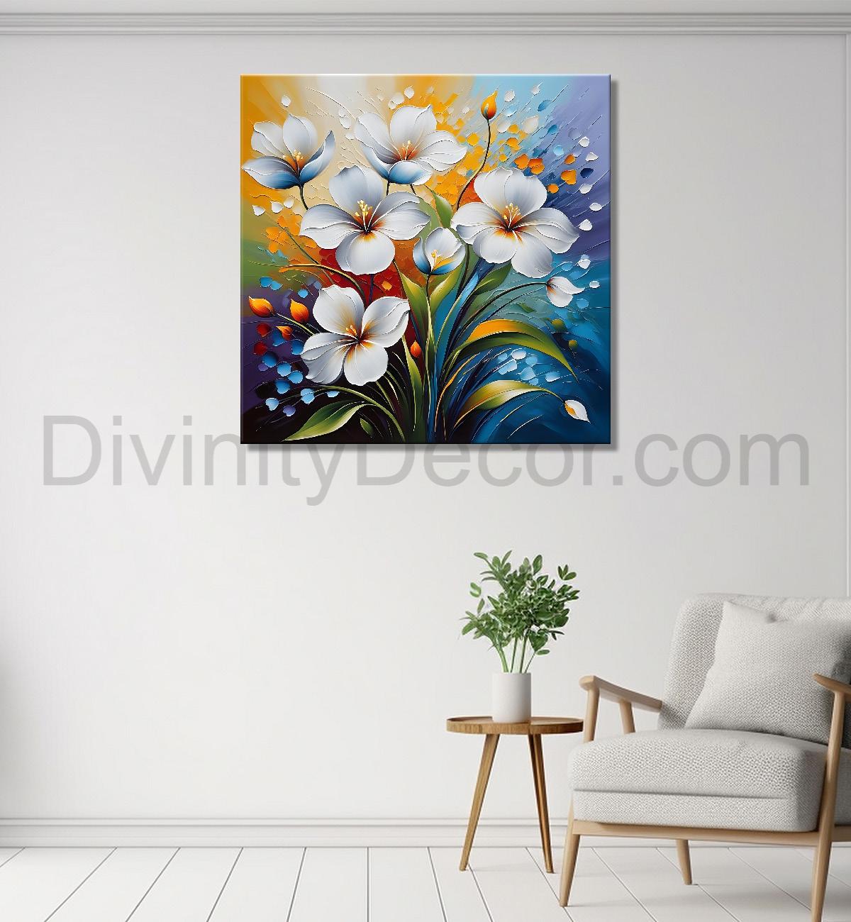 White flower in purple textured  painting Flower-S-518