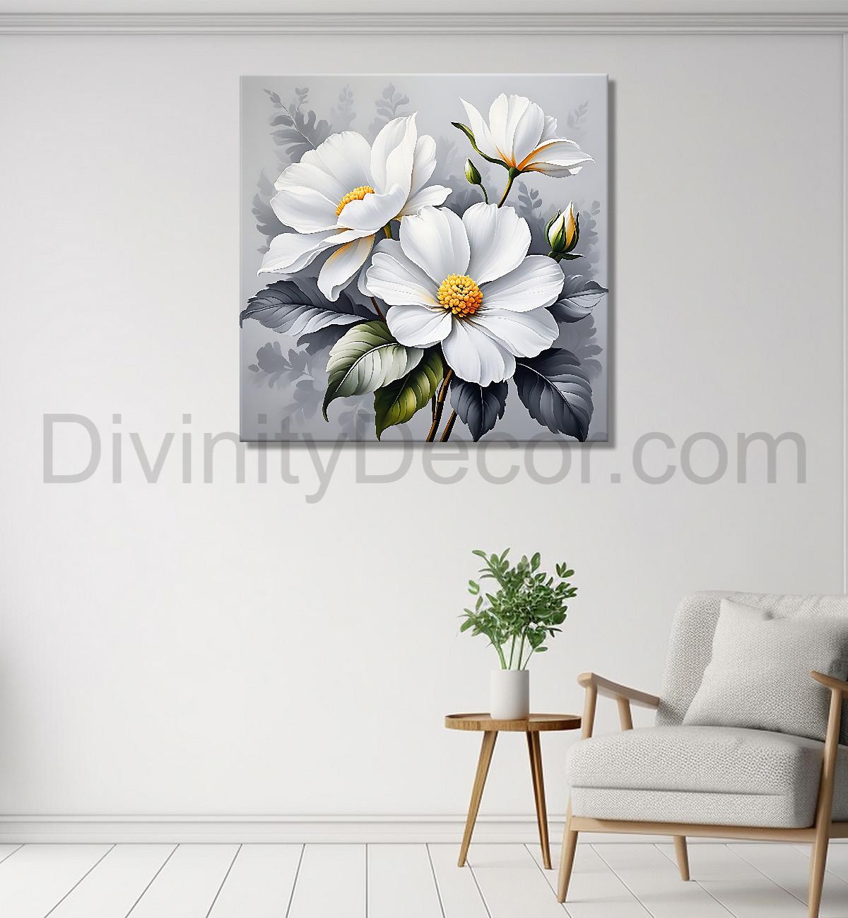 White flower in grey textured  painting Flower-S-519