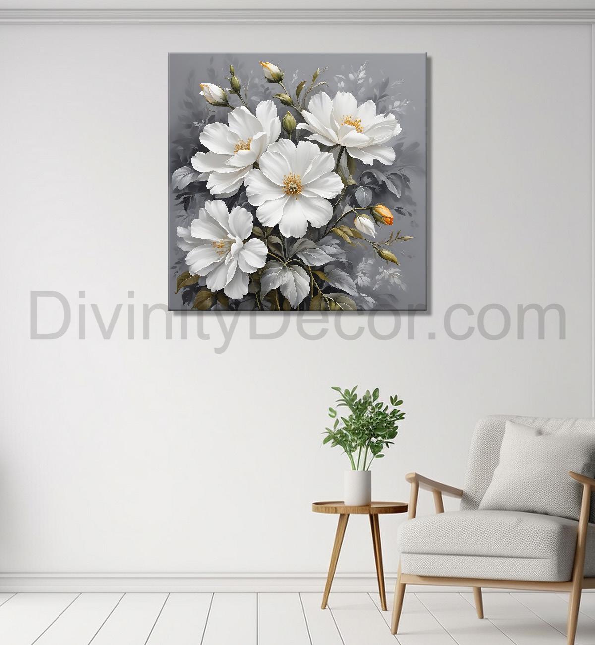 White flower in grey textured  painting Flower-S-520