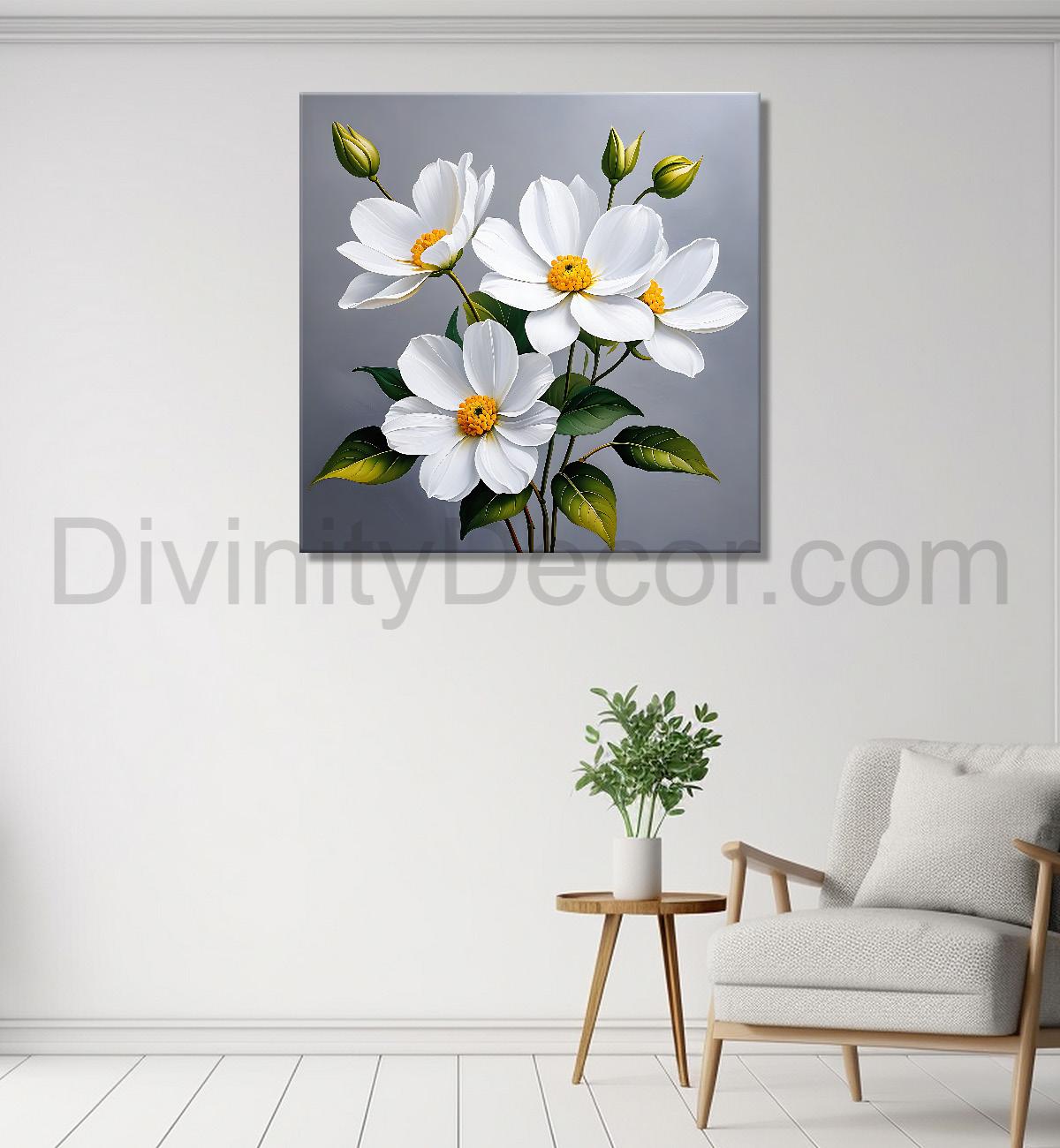 White flower in grey textured  painting Flower-S-521
