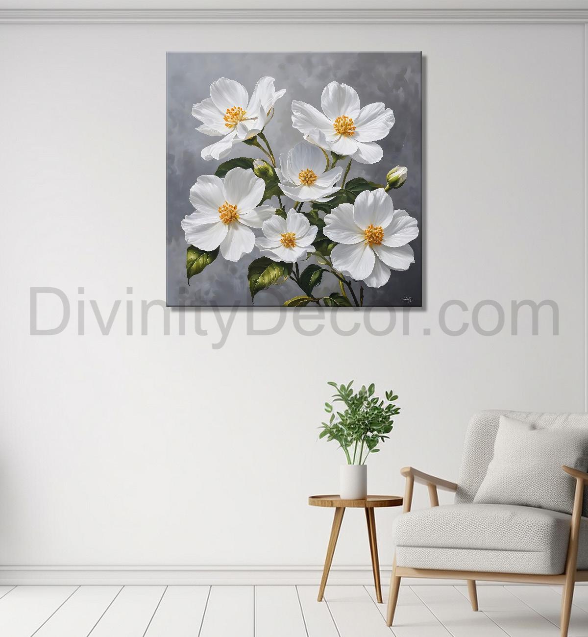 White flower in grey textured  painting Flower-S-522