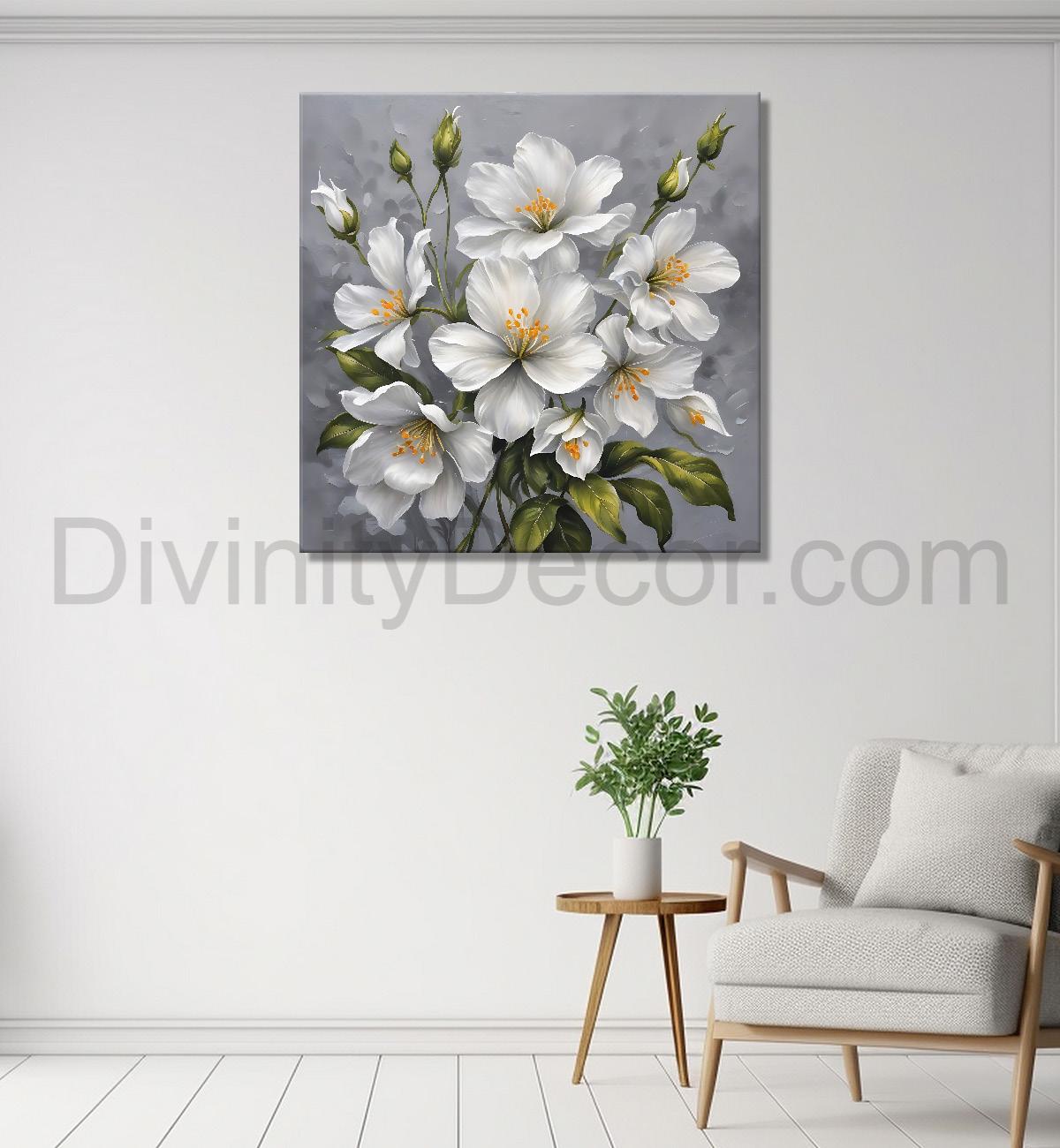 White flower in grey textured  painting Flower-S-523