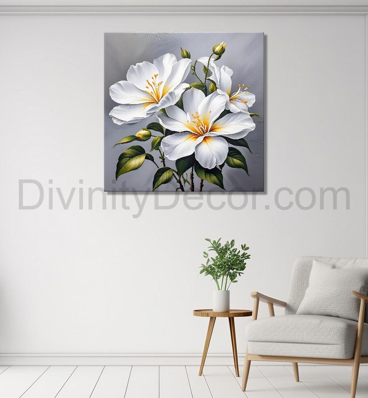 White flower in grey textured  painting Flower-S-524