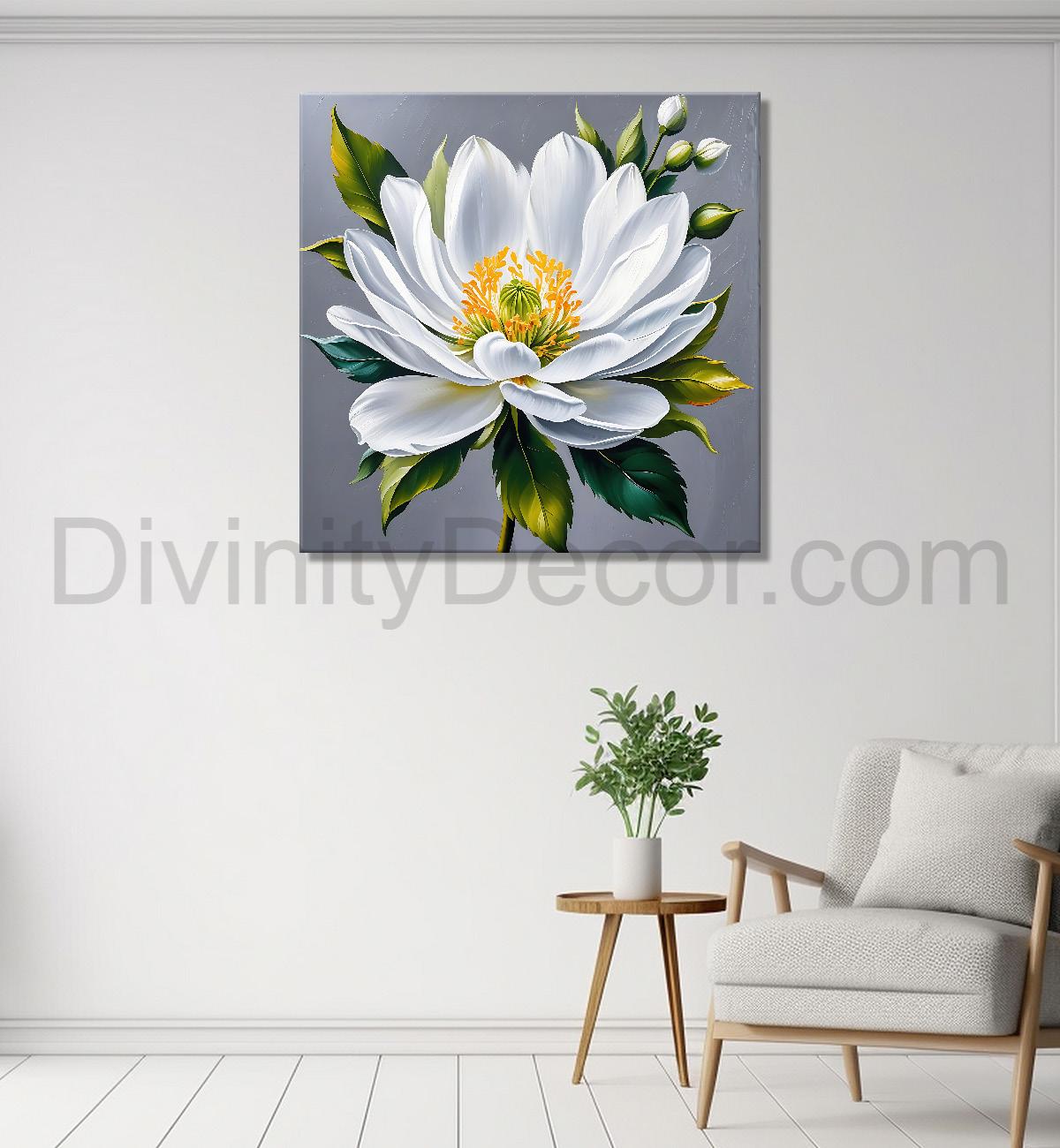 White flower in grey textured  painting Flower-S-525