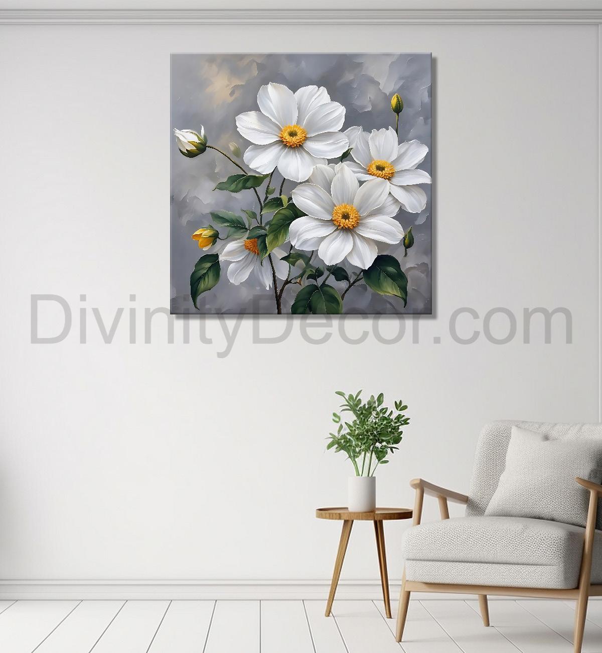 White flower in grey textured  painting Flower-S-526