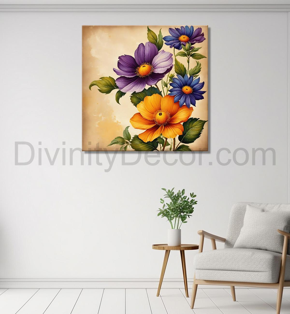 Colourful flowers in brown textured painting Flower-S-528