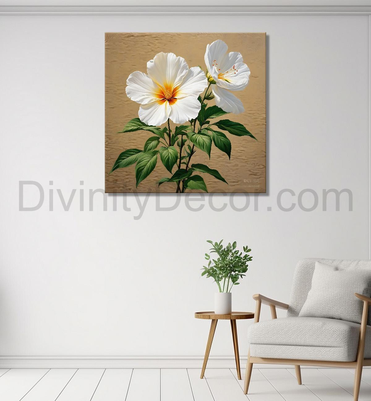 White flowers in light brown textured painting  Flower-S-533
