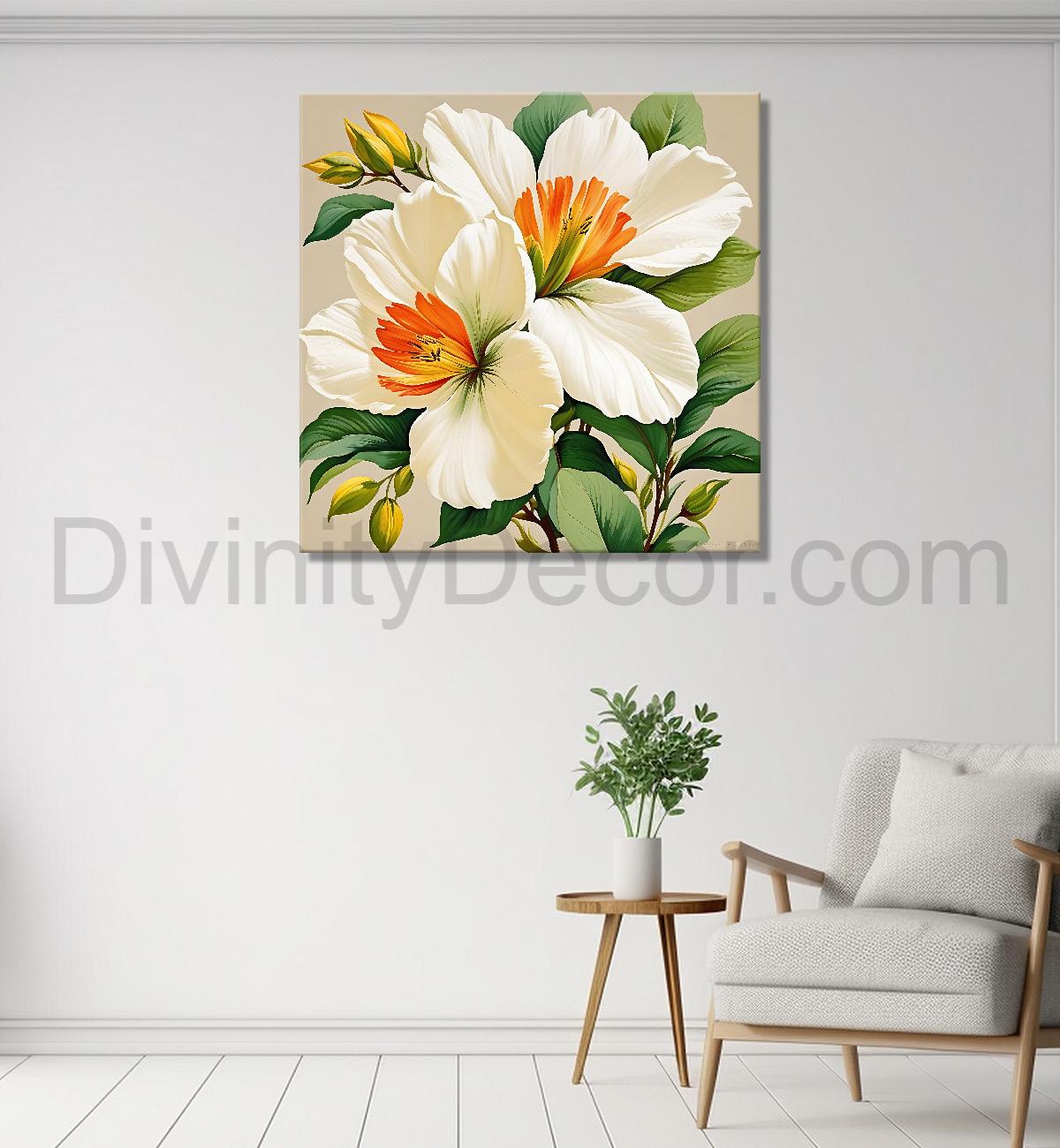 White flowers in light brown textured painting Flower-S-535