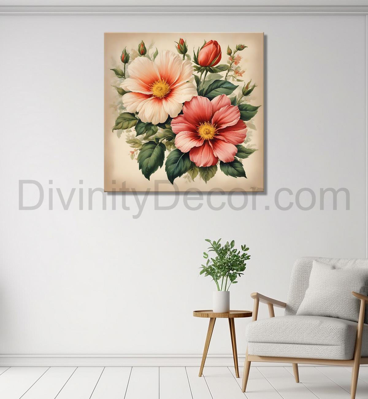 Pink flowers in brown textured painting Flower-S-536