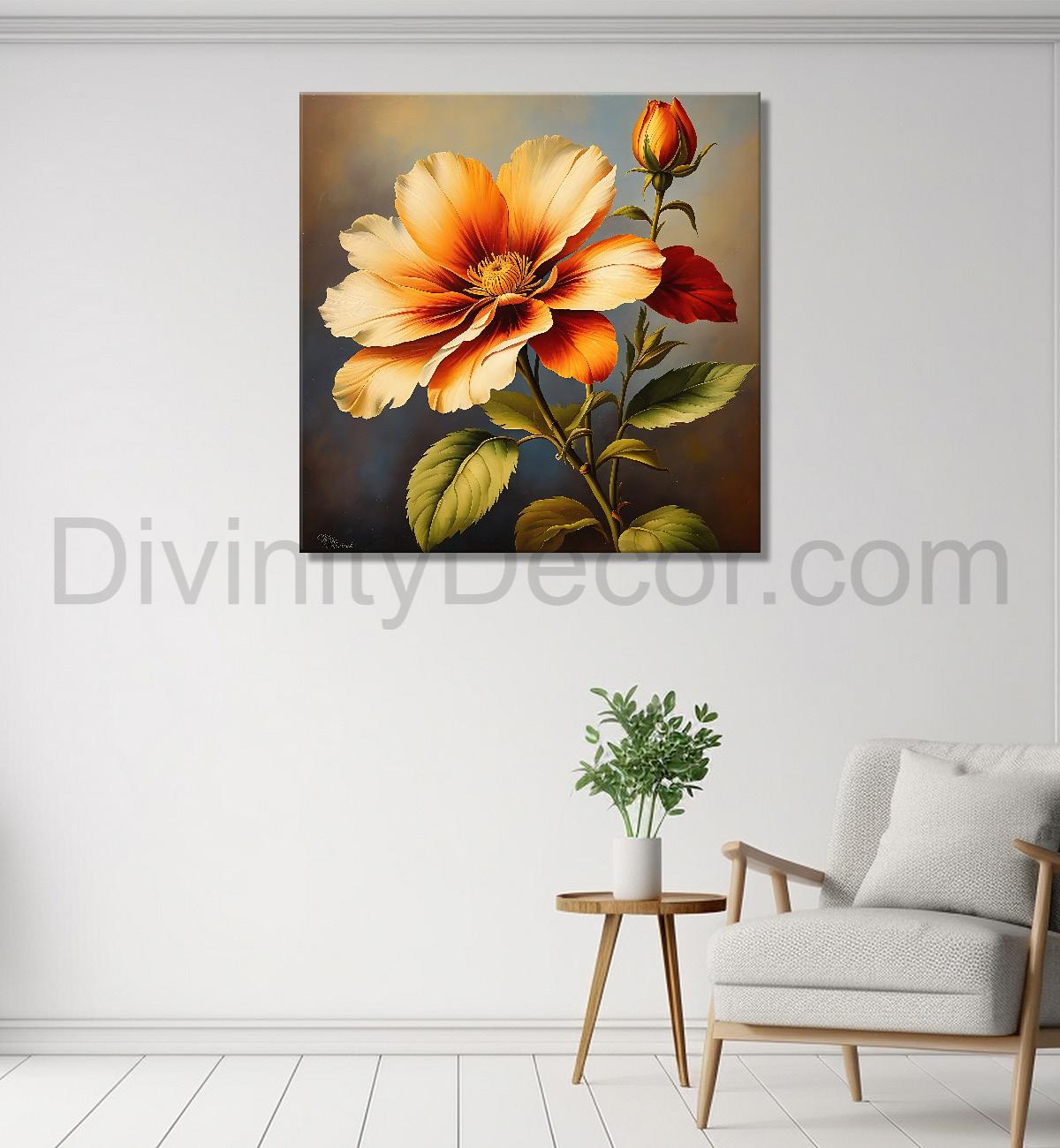Orange flower in brown textured painting Flower-S-541