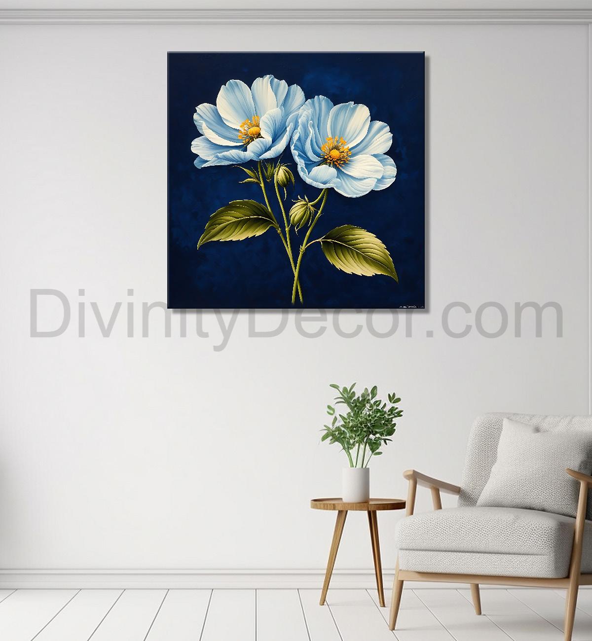 White flowers in navy blue textured painting Flower-S-546