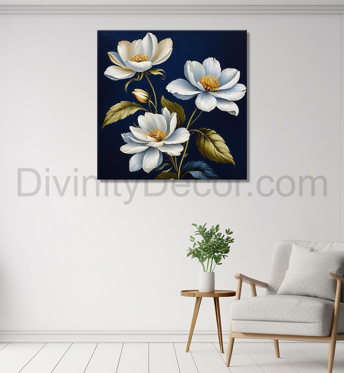 White flowers in navy blue textured painting Flower-S-547