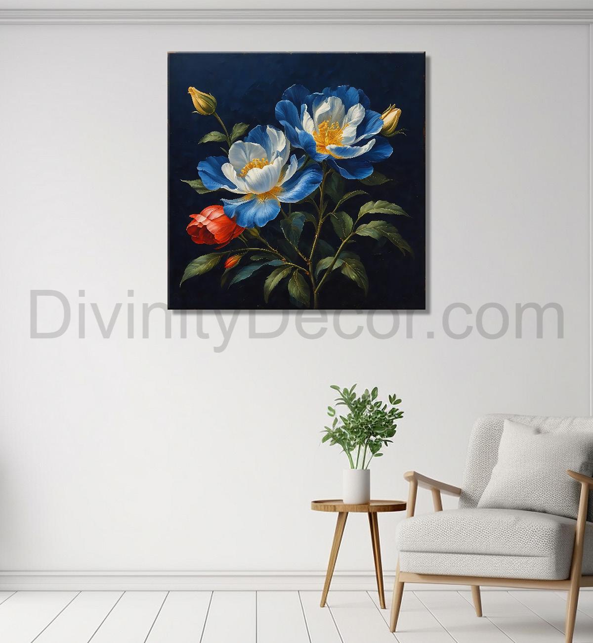 White flowers in navy blue textured painting Flower-S-548