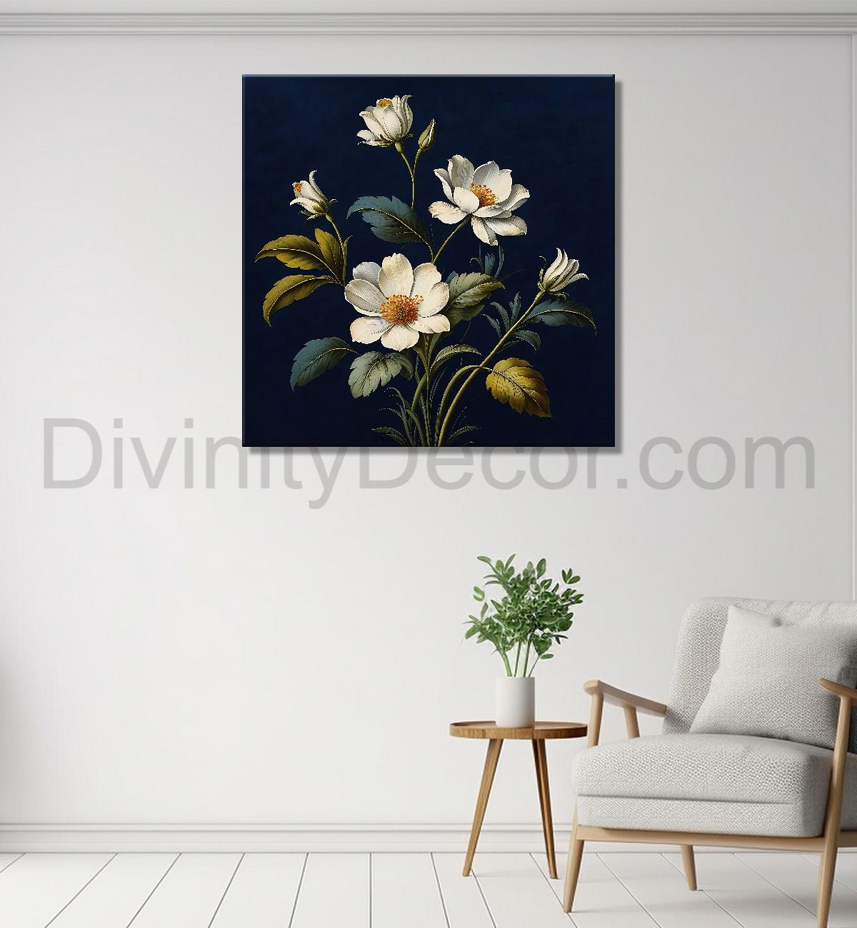 White flowers in navy blue textured painting Flower-S-549