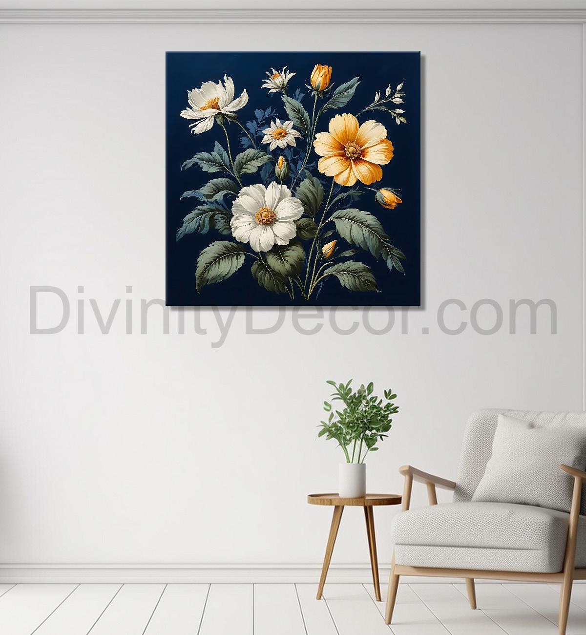 White and yellow flowers in navy blue textured painting Flower-S-550