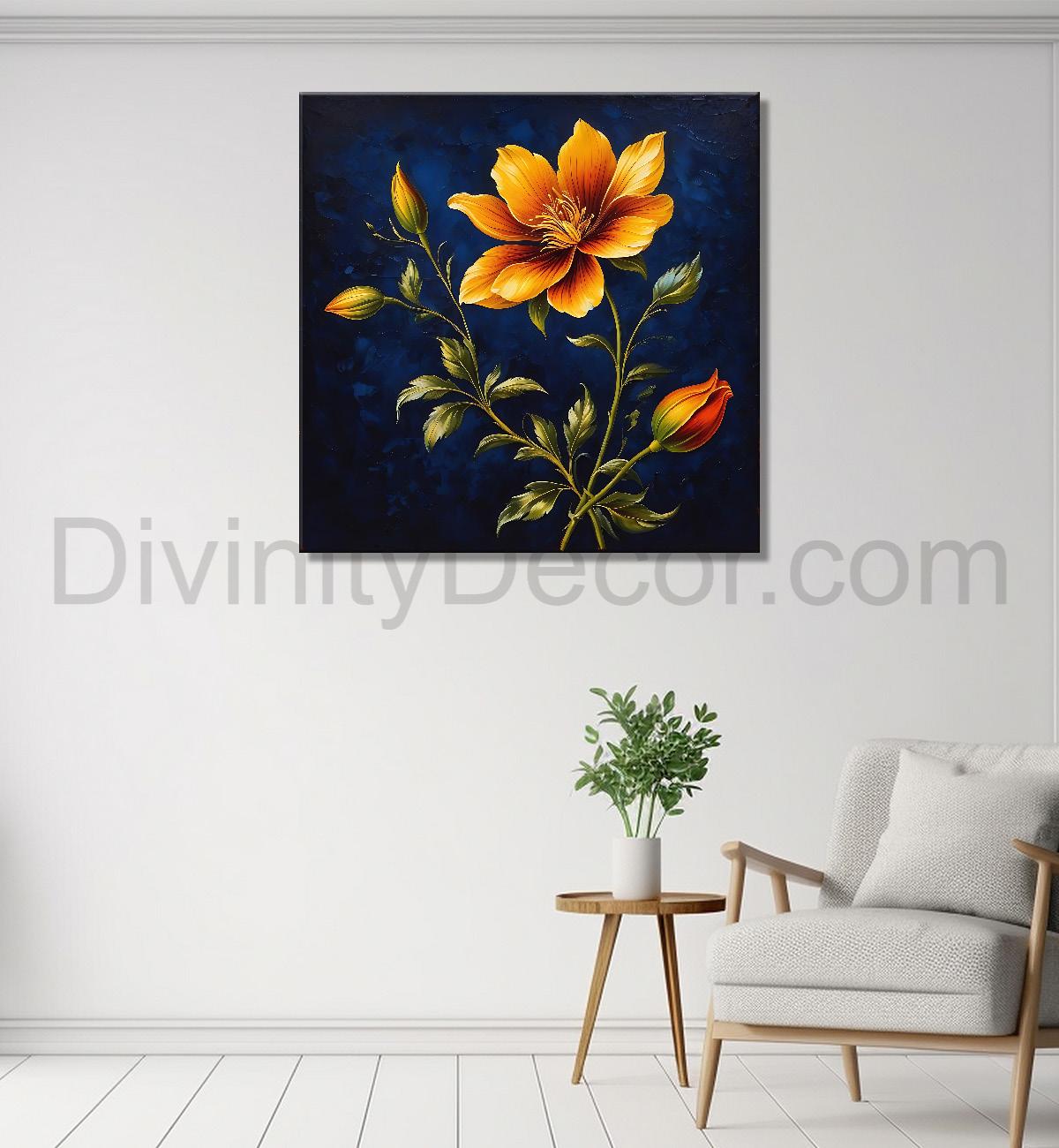 Yellow flowers in navy blue textured painting Flower-S-551