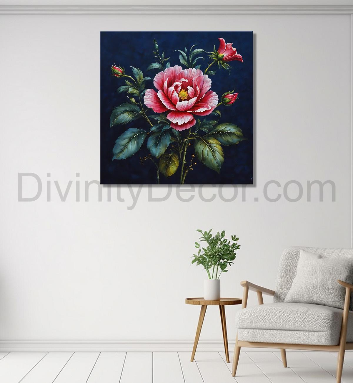 Pink flowers in navy blue textured painting Flower-S-552