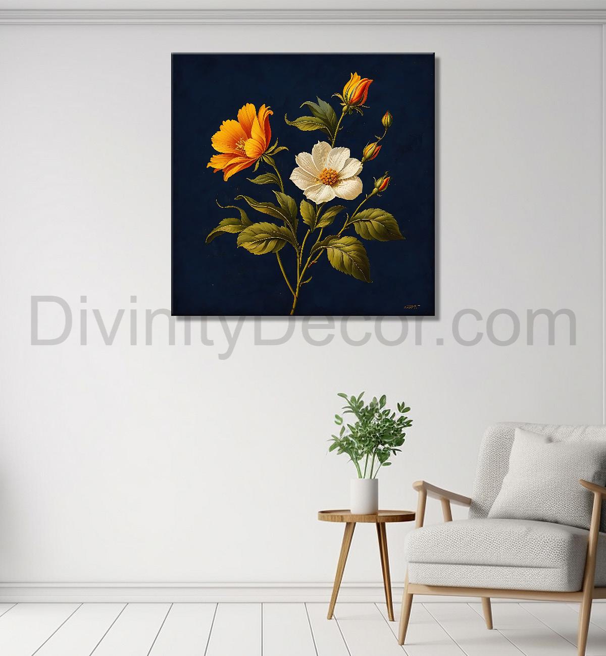 White and Yellow flowers in navy blue textured painting Flower-S-553