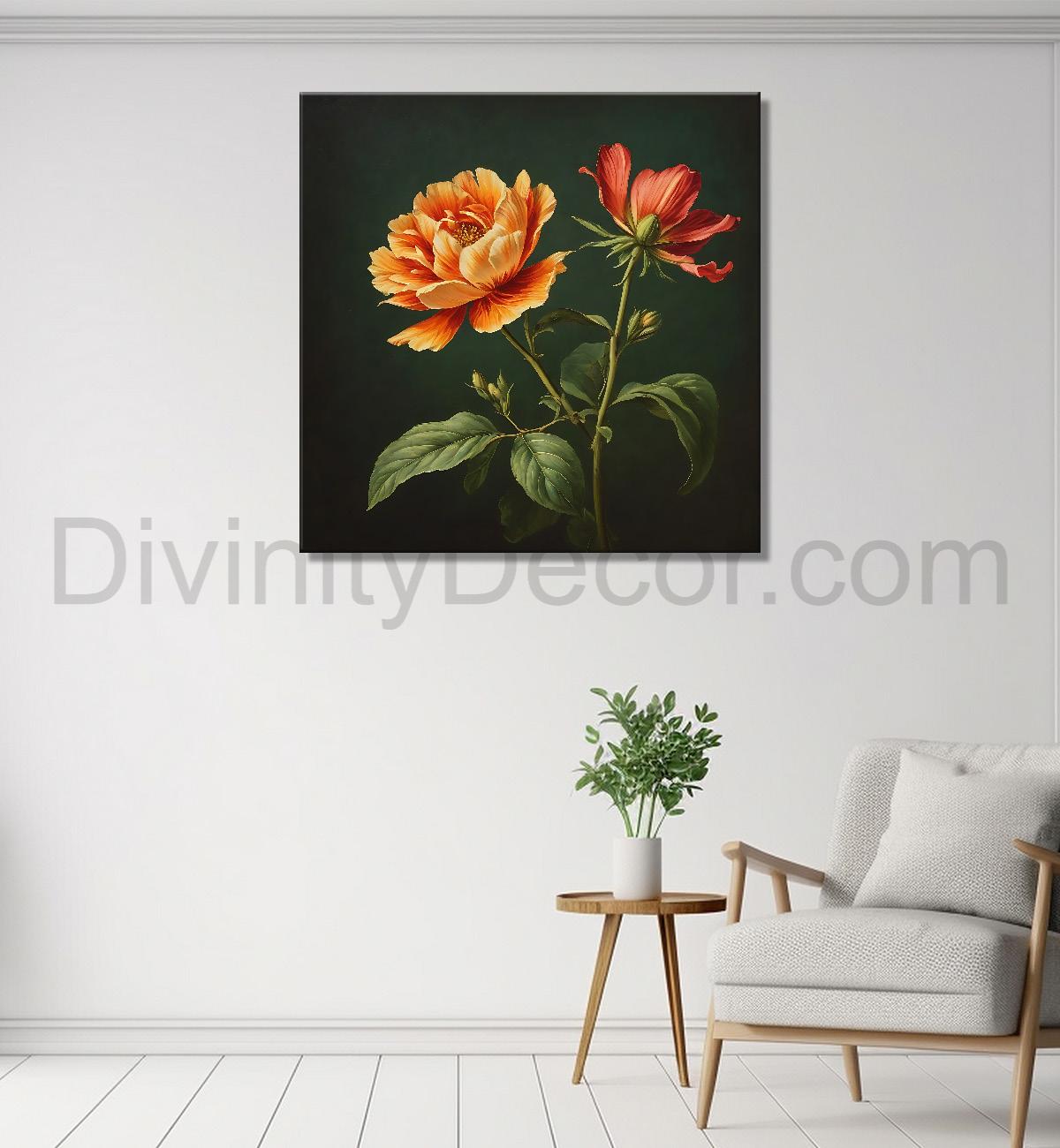 Orange flowers in navy blue textured painting Flower-S-554