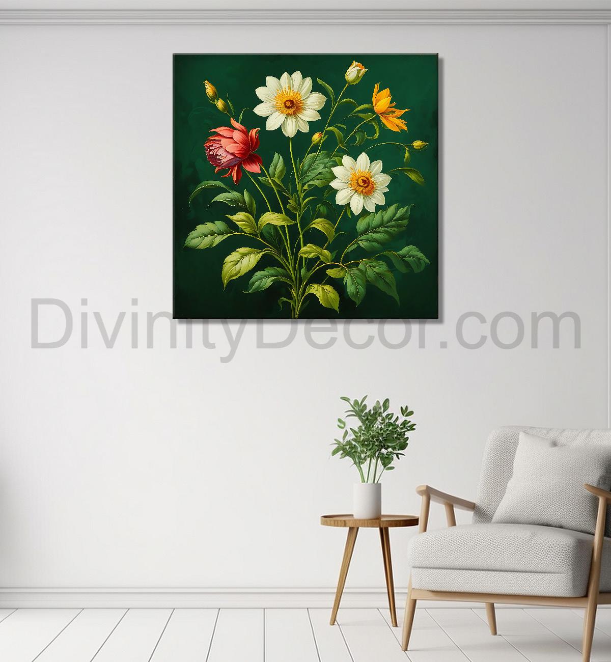 Colourful flowers in green textured painting Flower-S-555