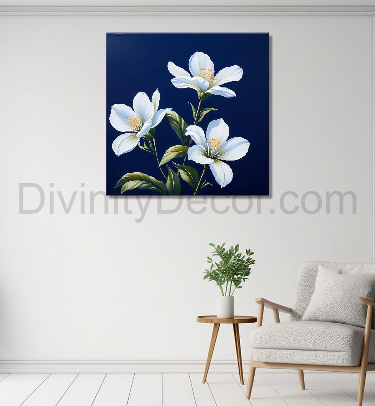 White flowers in navy blue textured painting Flower-S-559