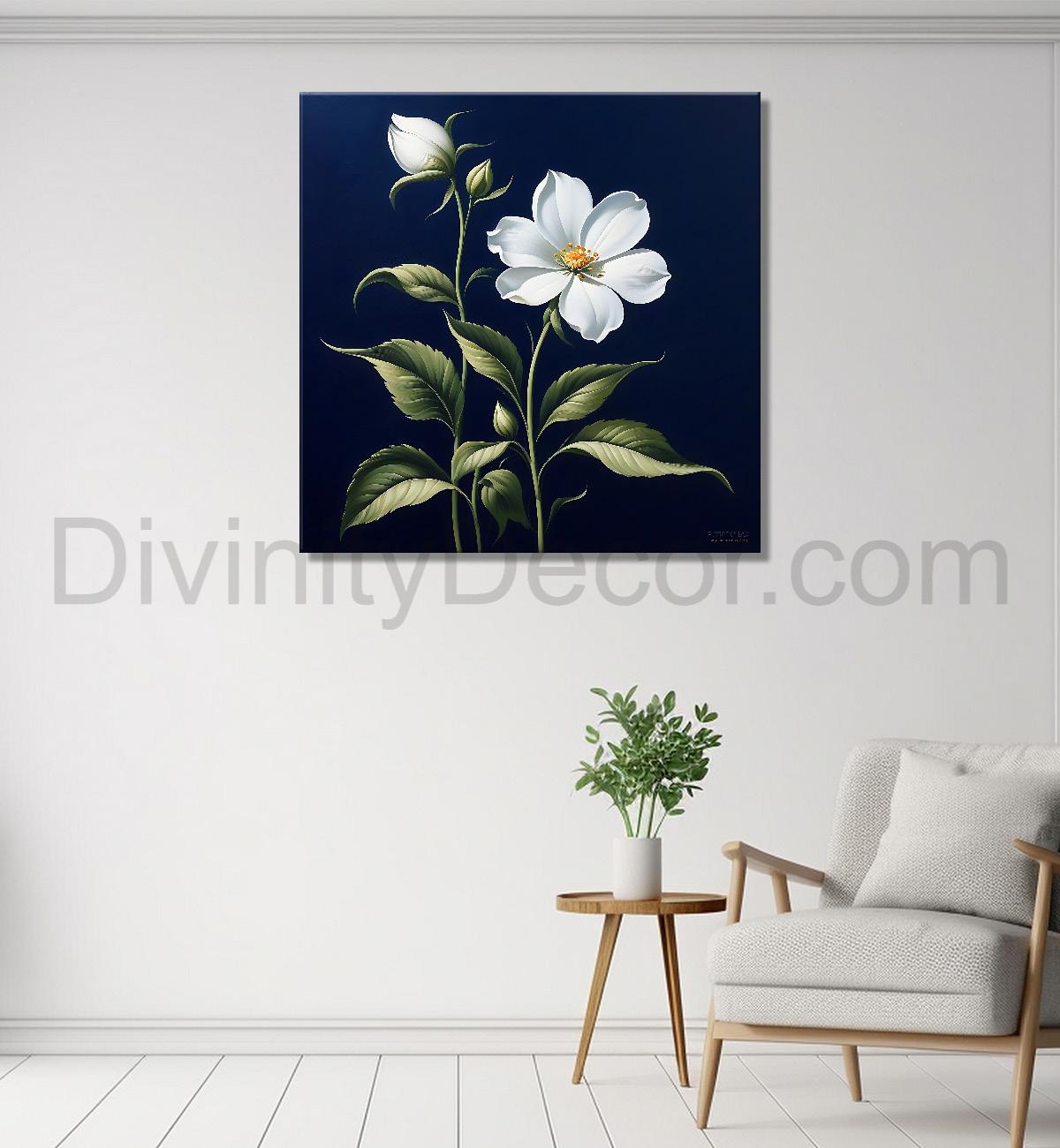 White flowers in navy blue textured painting Flower-S-560