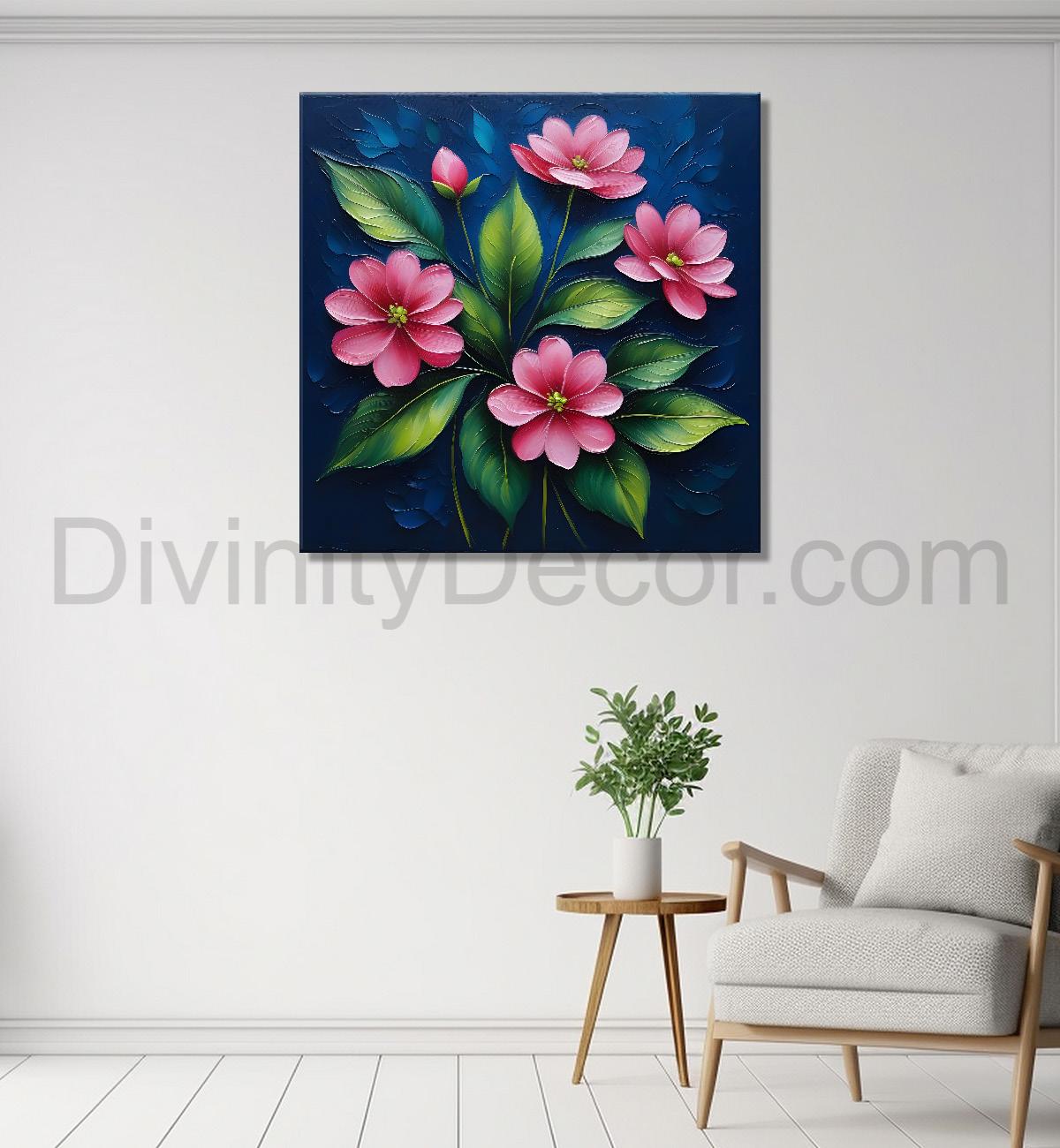 Pink flowers in navy blue textured painting Flower-S-562