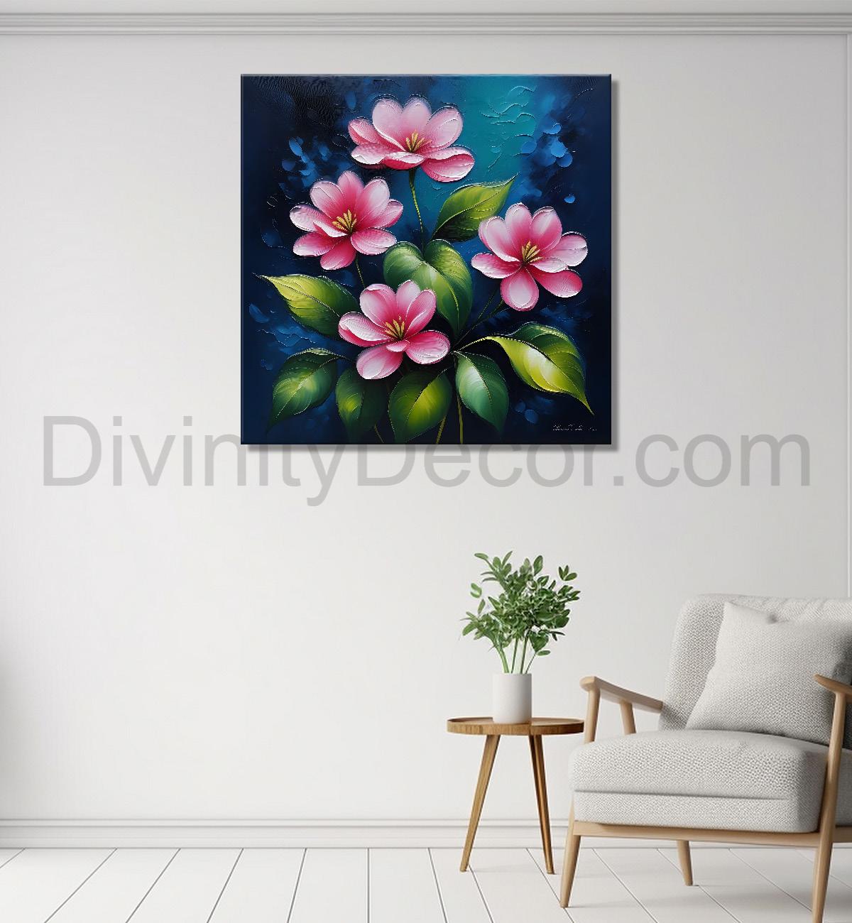 Pink flowers in navy blue textured painting Flower-S-563