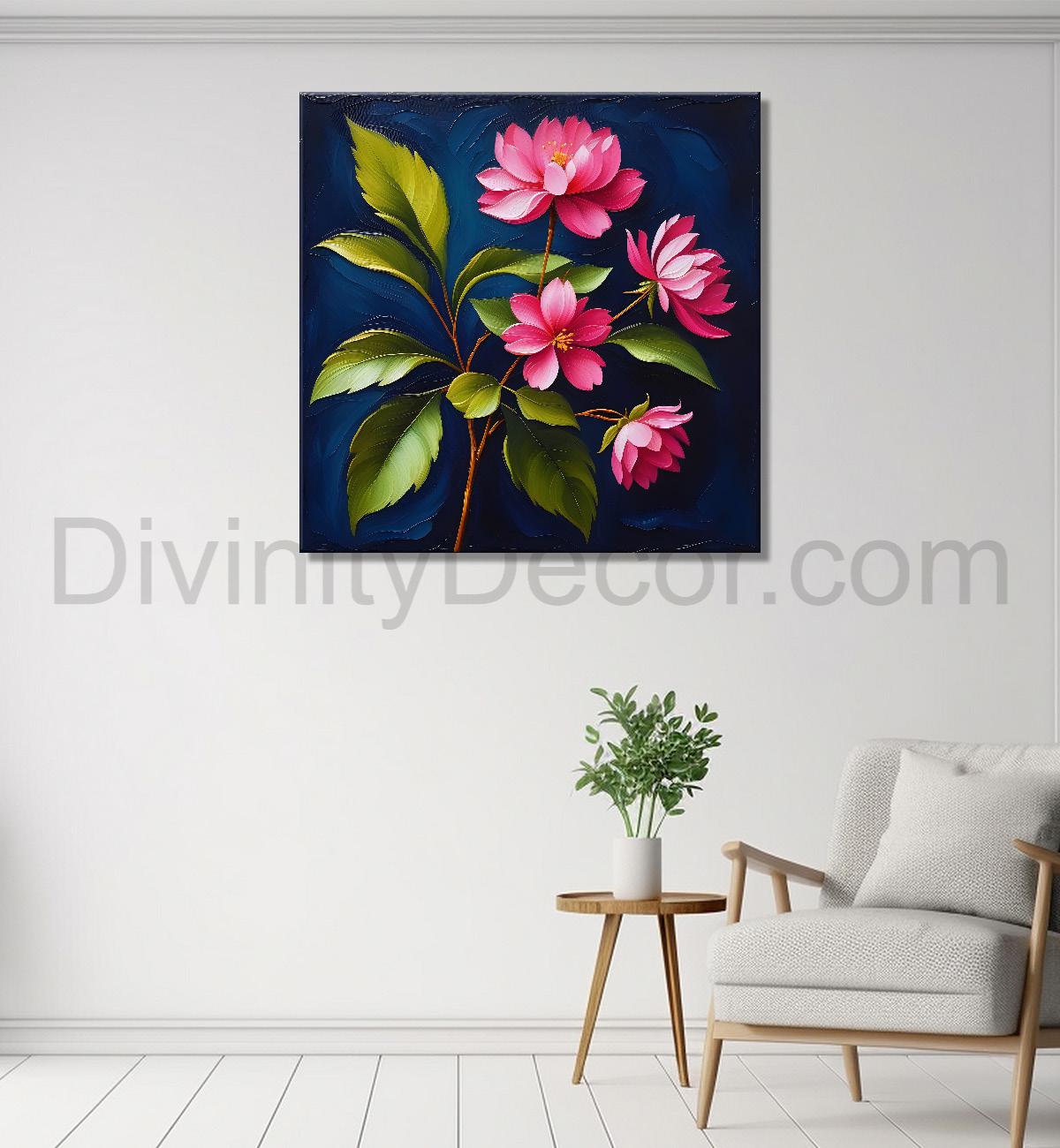 Pink flowers in navy blue textured painting Flower-S-564