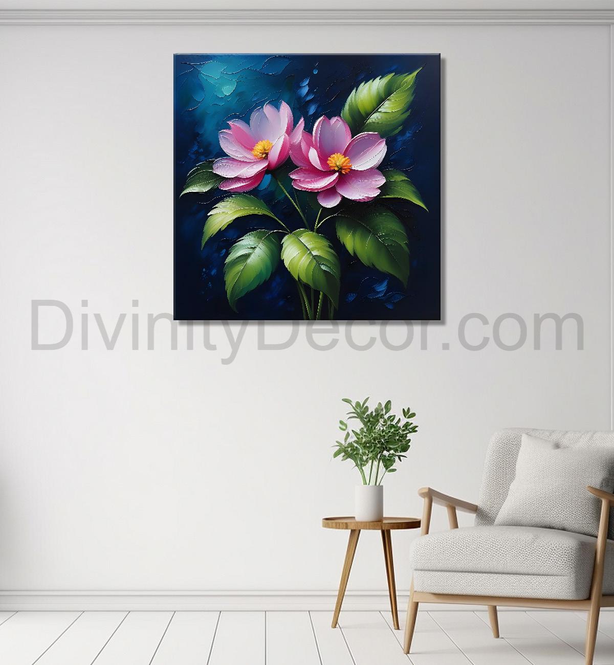 Pink flowers in navy blue textured painting Flower-S-565