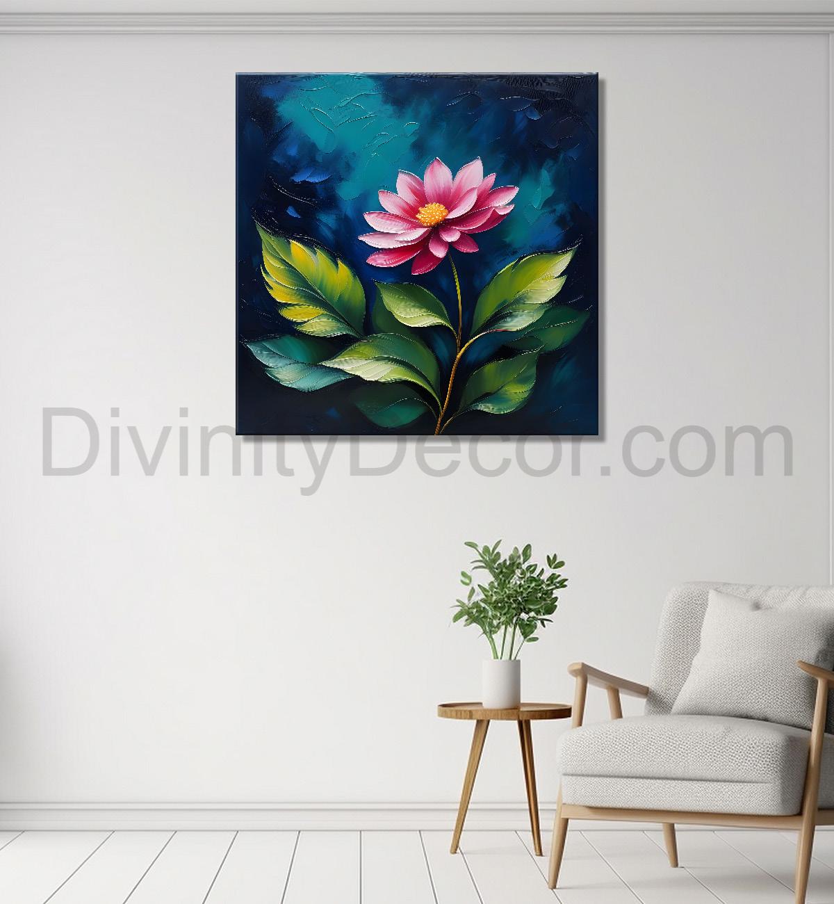 Pink flowers in navy blue textured painting Flower-S-566