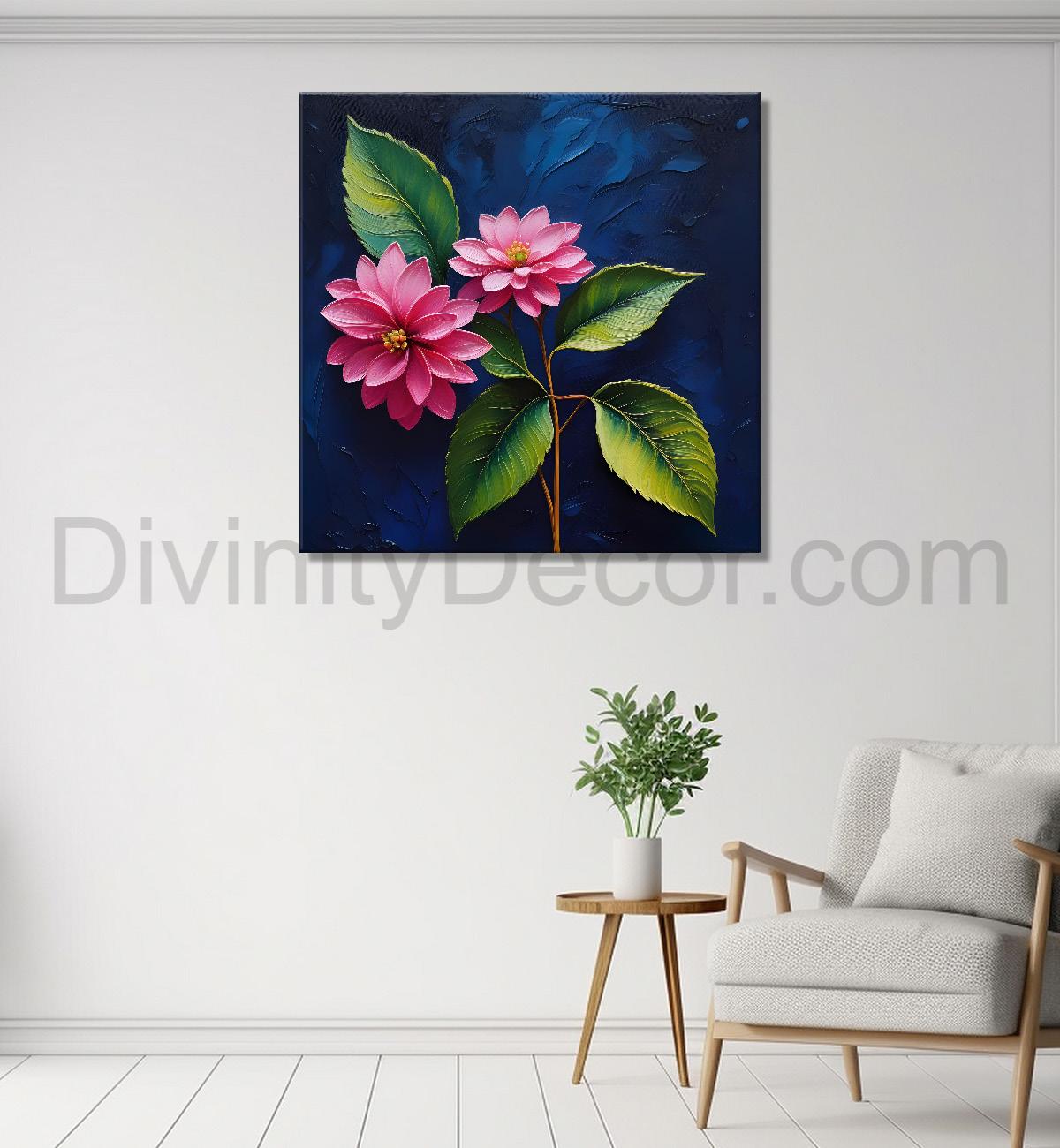 Pink flowers in navy blue textured painting Flower-S-567