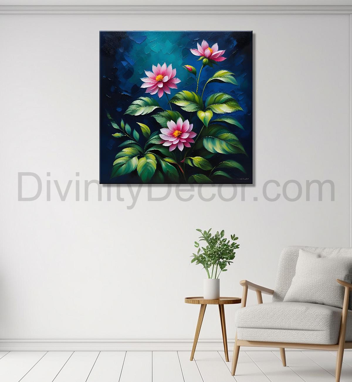 Pink flowers in navy blue textured painting Flower-S-568